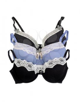 Three bra with lace, gray, blue and black. Isolate on white.