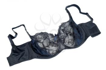 Classy blue with black lace women bra. Isolate on white.