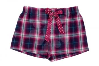Purple plaid shorts with bow. Isolate on white.