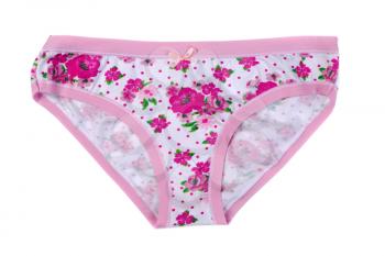 Women's pink panties with a floral pattern. Isolate on white.