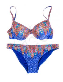 Blue swimsuit with floral pattern. Isolate on white.