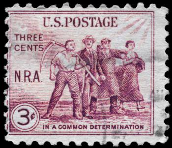 Royalty Free Photo of a 1933 US Stamp of a Group of Workers, National Recovery Act Issue