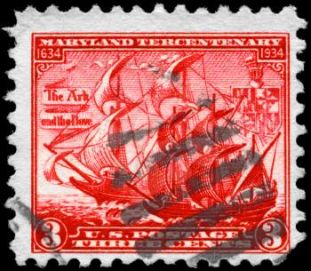 Royalty Free Photo of a 1934 US Stamp of Ships The Ark and The Dove, 300th Anniversary of the Founding of Maryland