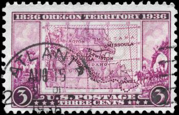 Royalty Free Photo of a 1936 US Stamp of a Map of Oregon Territory, Devoted to the Centenary of Opening
