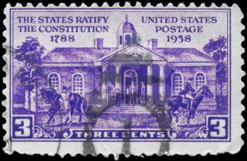 Royalty Free Photo of a 1938 US Stamp of Old Capitol, Iowa City, Centenary of Iowa Territory