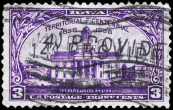 Royalty Free Photo of a 1938 US Stamp of the Old Capitol, Iowa City, Centenary of Iowa Territory