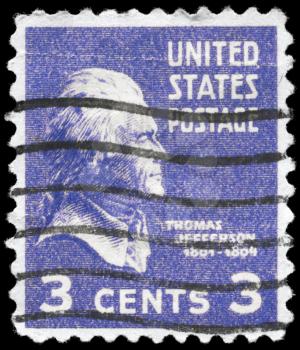 Royalty Free Photo of a 1938 US Stamp Bearing the Portrait of Thomas Jefferson (1743-1826)