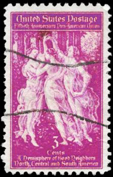Royalty Free Photo of a 1940 US Stamp of Three Graces Botticellis Spring, 50th Anniversary of Pan American Union Founding