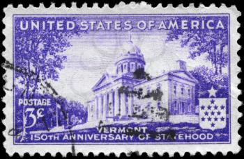 Royalty Free Photo of a 1941 US Stamp of the Vermont Capitol, Montpelier, Vermont Statehood Issue