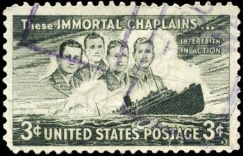 Royalty Free Photo of 1948 US Stamp Shows the Four Chaplains and Sinking S.S. Dorchester