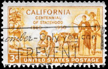 Royalty Free Photo of 1950 US Stamp Shows the Gold Miner, Pioneers, and SS Oregon, Devoted to California Statehood Centenary