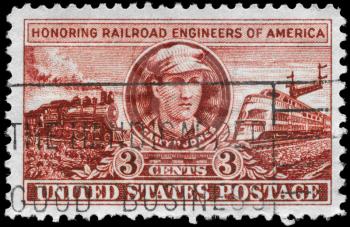 Royalty Free Photo of 1950 US Stamp Shows Casey John Luther Jones and Locomotives of 1900 and 1950, Railroad Engineers Issue