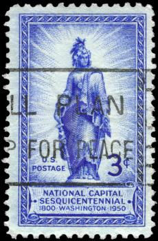 Royalty Free Photo of a 1950 US Stamp Shows the Statue of Freedom on Capitol Dome, National Capital Sesquicentennial Issue