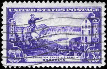 Royalty Free Photo of 1951 US Stamp Shows General George Washington's Evacuating Army, Battle of Brooklyn Issue