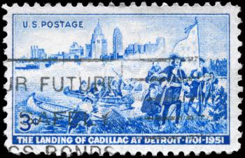 Royalty Free Photo of 1951 US Stamp Devoted to 250th Anniversary of the Landing of Antoine de la Mothe Cadillac at Detroit