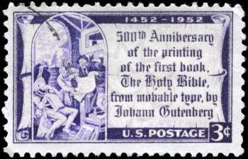 Royalty Free Photo of 1952 US Stamp Devoted to 500th Anniversary of Johann Gutenberg's Printing of the 1st Book, the Holy Bible