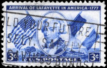 Royalty Free Photo of 1952 US Stamp Devoted to the 175th Anniversary of Lafayette's Arrival (1757-1834) in America