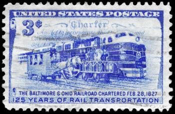 Royalty Free Photo of 1952 US Stamp Commemorates 125th Anniversary of the Baltimore and Ohio Railroad Charter