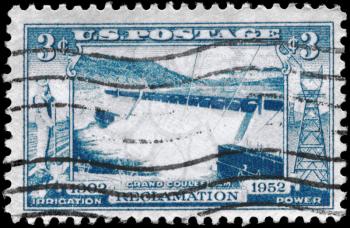 Royalty Free Photo of 1952 US Stamp Shows the Spillway, Grand Coulee Dam, 50 Years of Federal Cooperation in Developing the Resources