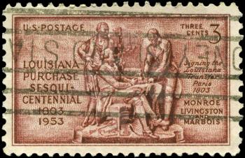 Royalty Free Photo of 1953 US Stamp of  Monroe, Livingston and Barbe-Marbois, Devoted to Louisiana Purchase, 150th Anniversary