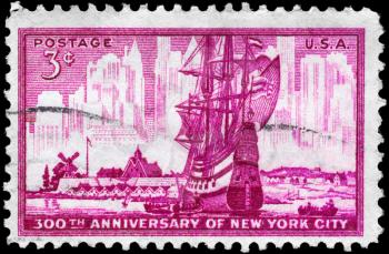 Royalty Free Photo of 1953 US Stamp of Dutch Ship in New Amsterdam Harbour, New York City, 300th Anniversary