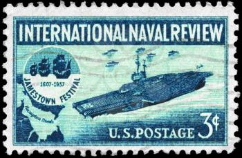 Royalty Free Photo of 1957 US Stamp Shows the Aircraft Carrier and Jamestown Festival Emblem, International Naval Review