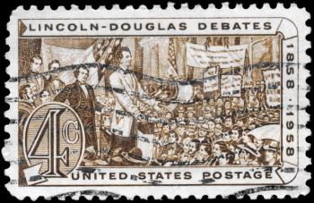 Royalty Free Photo of 1958 US Stamp Devoted to Abraham Lincoln and Stephen A. Douglas Debating