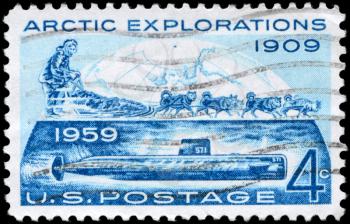 Royalty Free Photo of 1959 US Stamp Shows the North Pole, Dog Sled and Nautilus, Arctic Explorations Issue