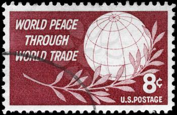 Royalty Free Photo of 1959 US Stamp Shows the Globe and Laurel, Inscribed World Peace Through World Trade