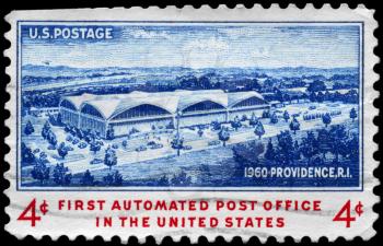 Royalty Free Photo of 1960 US Stamp Shows Architect's Sketch of New Post Office, Providence, Devoted to Opening of the 1st Automated PO