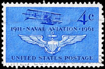 Royalty Free Photo of 1961 US Stamp Shows the Navy's First Plane (Curtiss A-1 of 1911) and Naval Air Wings, Naval Aviation, 50th Anniversary