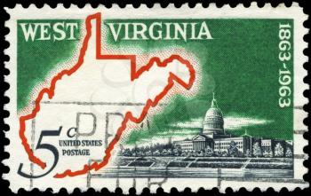 Royalty Free Photo of 1963 US Stamp Shows Map and State Capitol, West Virginia Statehood Centenary