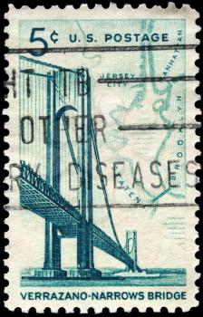Royalty Free Photo of 1964 US Stamp Shows Verrazano-Narrows Bridge and Map of NY Bay