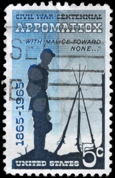 Royalty Free Photo of 1965 US Stamp With a Soldier and the Description Appomatox With Malice Toward None Civil War Centennial Issue
