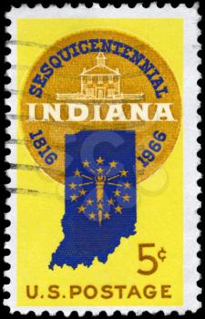 Royalty Free Photo of 1966 US Stamp Shows the Sesquicentennial Seal, Map of Indiana with 19 Stars & Old Capitol at Corydon