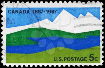 Royalty Free Photo of 1967 US Stamp Shows Canadian Landscape, Canada Centenary Issue, circa 1967