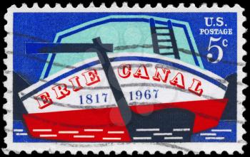 Royalty Free Photo of 1967 US Stamp Shows the Stern of Early Canal Boat, Erie Canal Issue
