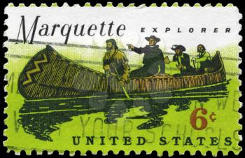 Royalty Free Photo of 1968 US Stamp Shows a Father Marquette (1637-1675), French Jesuit Missionary, and Louis Jolliet Exploring the Mississippi