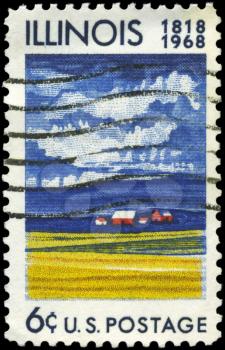 Royalty Free Photo of 1968 US Stamp Shows Farm House and Fields of Ripening Grain, Illinois Statehood, 150th Anniversary