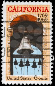 Royalty Free Photo of 1969 US Stamp Shows the Carmel Mission Belfry, California Settlement, 200th Anniversary