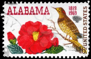 Royalty Free Photo of 1969 US Stamp Shows the Camellia and Yellow-Shafted Flicker, Alabama Statehood, 150th Anniversary