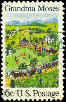 Royalty Free Photo of 1969 US Stamp Shows July Fourth, by Grandma Moses (1860-1961), Artist