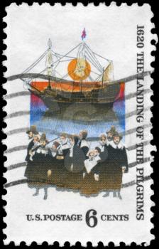 Royalty Free Photo of 1970 US Stamp Shows the Mayflower and Pilgrims, 350th Anniversary of Landing