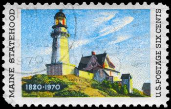 Royalty Free Photo of 1970 US Stamp Shows Lighthouse at Two Lights by Edward Hopper (1882-1967), Maine Statehood Issue