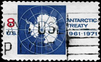 Royalty Free Photo of 1971 US Stamp Shows the Map of Antarctica Devoted to 10th Anniversary of the Antarctic Treaty