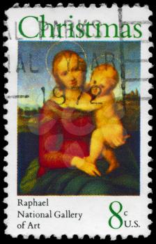 Royalty Free Photo of 1973 US Stamp Shows the Small Cowper Madonna, by Raphael (1483-1520), National Gallery of Art, Washington