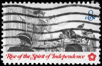 Royalty Free Photo of 1973 US Stamp Shows Posting a Broadside, Rise of the Spirit of Independence