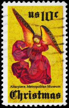 Royalty Free Photo of 1974 US Stamp Shows Angel, from Perussis Altarpiece, Metropolitan Museum of Art, New York
