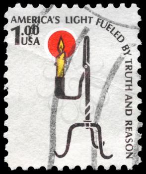 Royalty Free Photo of 1975 US Stamp Shows the Rush Lamp and Candle Holder, Americana