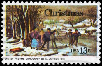 Royalty Free Photo of 1976 US Stamp Shows the Winter Pastime, by Nathaniel Currier, Christmas